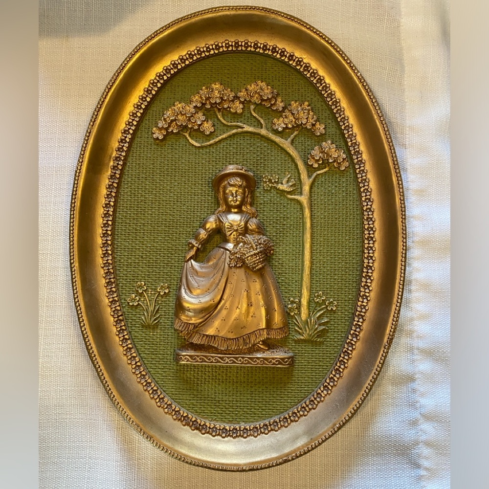 Vintage 1970’s Girotti Sculptured Art, Girl with Flower Basket Under Tree